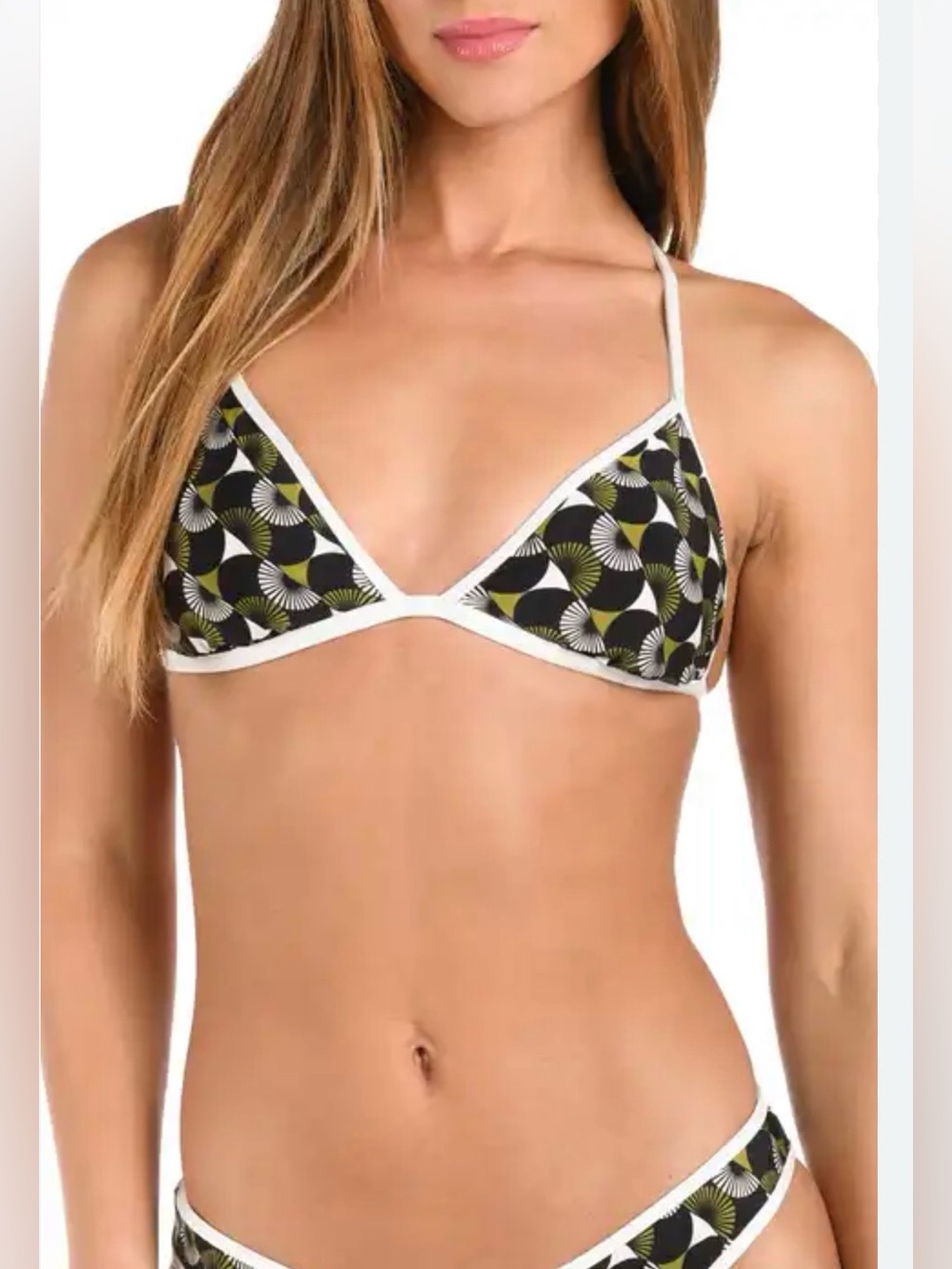 Sunshine79 Geometric Print Triangle Bikini Top with White Trim